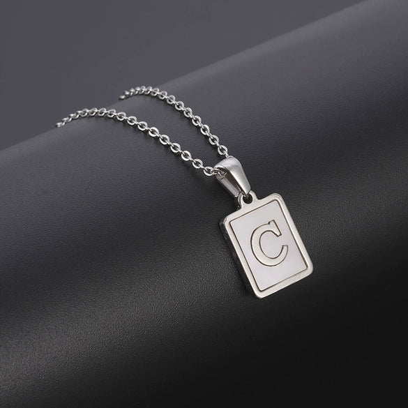 Simple Stainless Steel And 316L Stainless Steel Letter Square Shell Pendant Necklace For Women