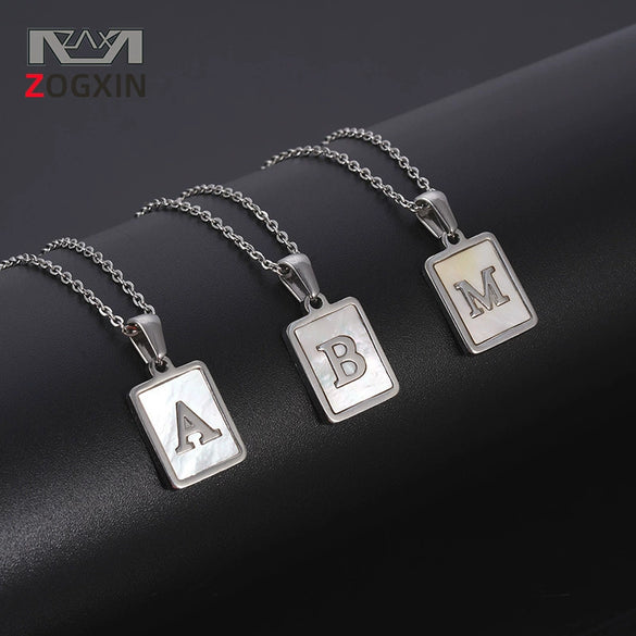 Simple Stainless Steel And 316L Stainless Steel Letter Square Shell Pendant Necklace For Women