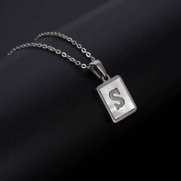 Simple Stainless Steel And 316L Stainless Steel Letter Square Shell Pendant Necklace For Women