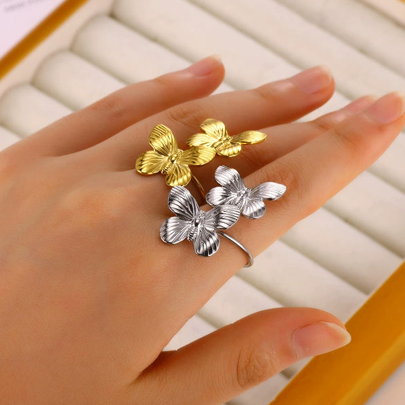 Simple Stainless Steel Butterfly Earrings And Palace Style Ring Electroplated