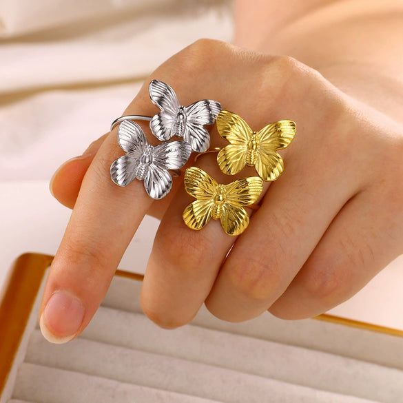Simple Stainless Steel Butterfly Earrings And Palace Style Ring Electroplated