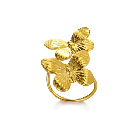 Simple Stainless Steel Butterfly Earrings And Palace Style Ring Electroplated