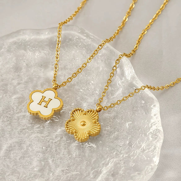 Simple Stainless Steel Fiveleaf Clover Letter Pendant Necklace With Polishing For Unisex