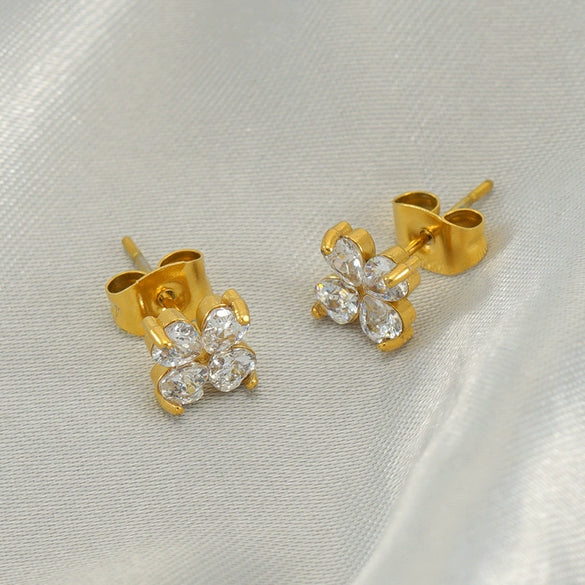 Simple Stainless Steel Flower Stud Earrings With Diamond Treatment For Women