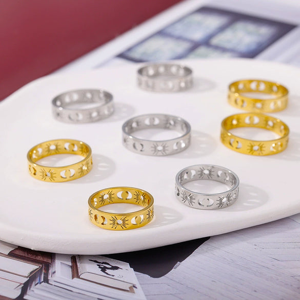 Simple Stainless Steel Hollow Sun Moon Ring With Geometric Styling 18K Goldplated For Couples