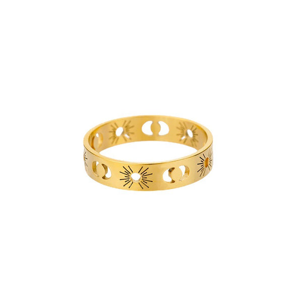 Simple Stainless Steel Hollow Sun Moon Ring With Geometric Styling 18K Goldplated For Couples