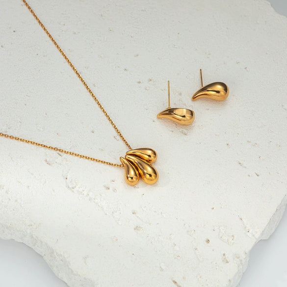 Simple Stainless Steel 14K Gold Plated Drop Earrings And Necklace Set For Women