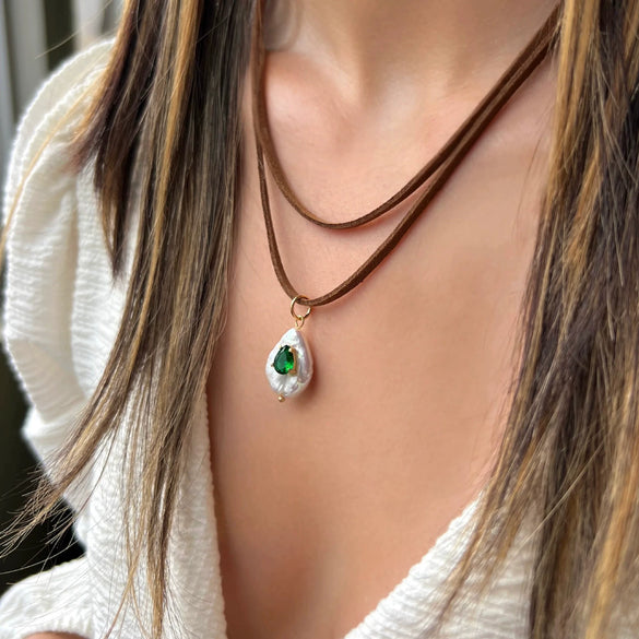 Simple Stainless Steel Necklace With Natural Baroque Pearl Zircon Geometric Pendant Electroplating