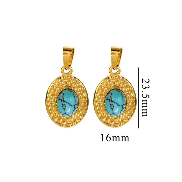 Simple Stainless Steel Oval Turquoise Totem Pendant Necklace For Women Electroplated Jewelry Accessories