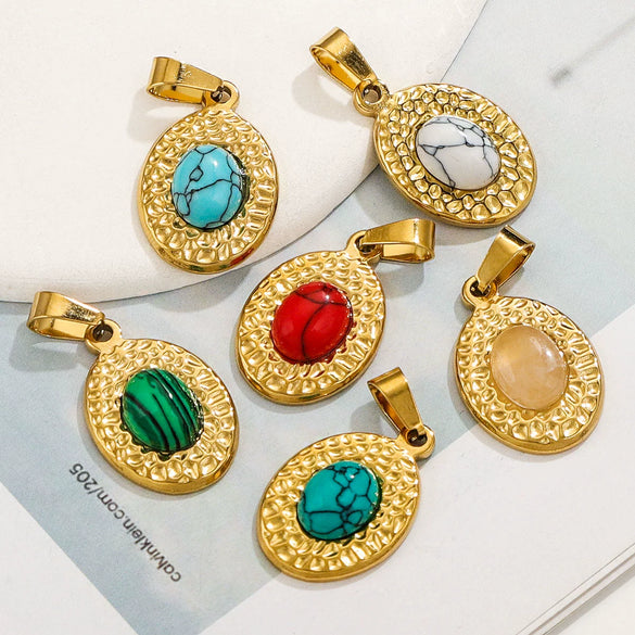 Simple Stainless Steel Oval Turquoise Totem Pendant Necklace For Women Electroplated Jewelry Accessories