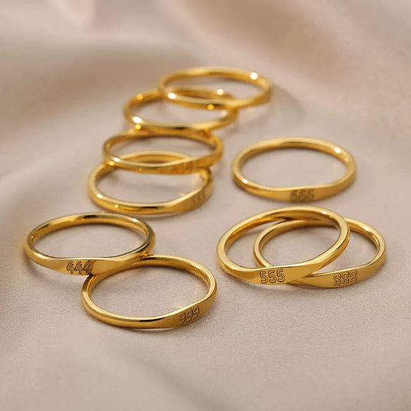 Simple Stainless Steel Ring With Gold Inlaid Letters Numbers Text For Men And Women