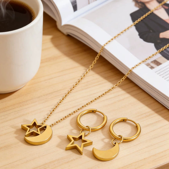 Simple Stainless Steel Stars And Moon Jewelry Set For Women With Electroplated Star Earrings And Moon Pendant Necklace