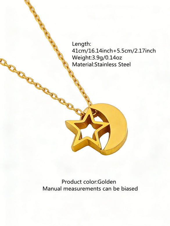 Simple Stainless Steel Stars And Moon Jewelry Set For Women With Electroplated Star Earrings And Moon Pendant Necklace