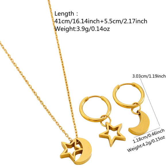 Simple Stainless Steel Stars And Moon Jewelry Set For Women With Electroplated Star Earrings And Moon Pendant Necklace