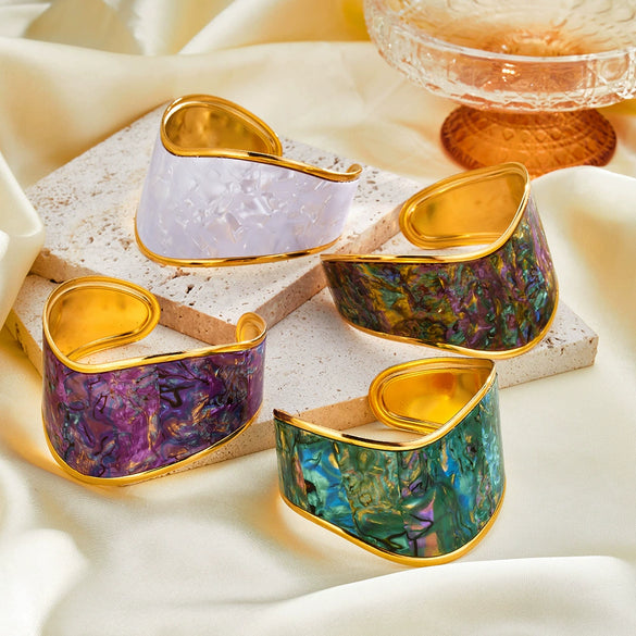 Simple Stainless Steel Wide Bangle Bracelet For Women With Shell Inlay And 18K Gold Plated Irregular Open Design