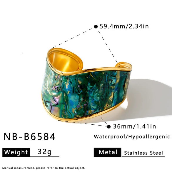 Simple Stainless Steel Wide Bangle Bracelet For Women With Shell Inlay And 18K Gold Plated Irregular Open Design