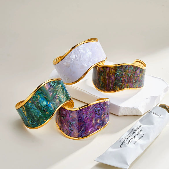 Simple Stainless Steel Wide Bangle Bracelet For Women With Shell Inlay And 18K Gold Plated Irregular Open Design