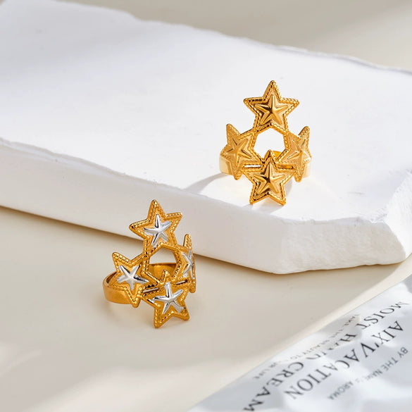 Simple Star Pattern Stainless Steel Adjustable Ring For Women With Electroplated Geometric Design Fashion Jewelry