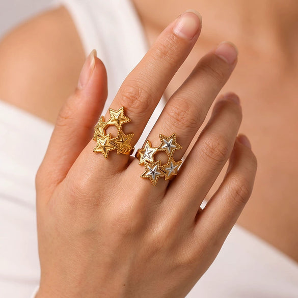 Simple Star Pattern Stainless Steel Adjustable Ring For Women With Electroplated Geometric Design Fashion Jewelry