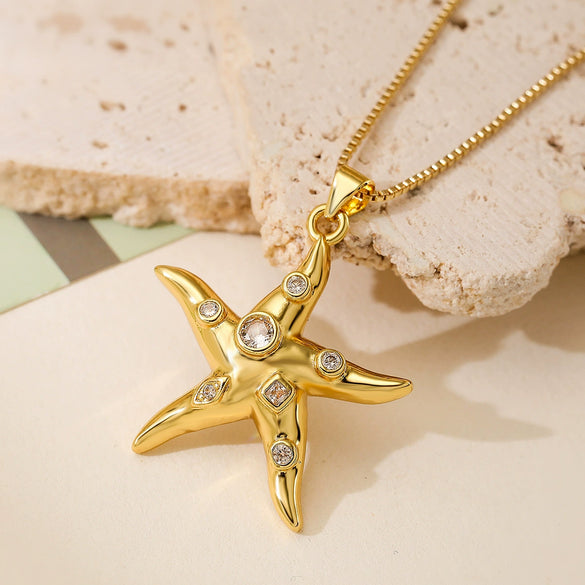 Simple Starfish Micropaved Copper Zircon Pendant Necklace And Earrings For Women