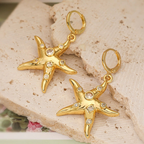 Simple Starfish Micropaved Copper Zircon Pendant Necklace And Earrings For Women