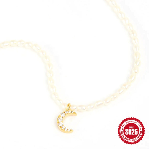 Simple 925 Sterling Silver French Grain Pearl Choker With Moon Diamond Geometric Design Electroplated Women's Pearl Necklace