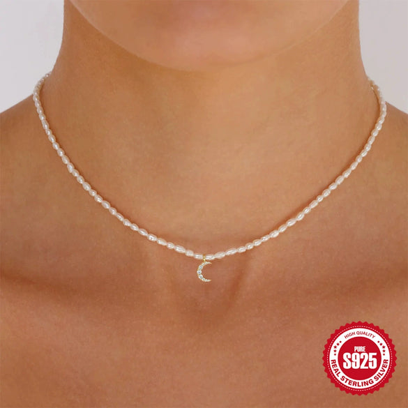 Simple 925 Sterling Silver French Grain Pearl Choker With Moon Diamond Geometric Design Electroplated Women's Pearl Necklace