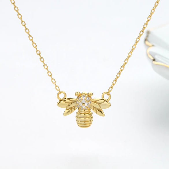 Simple Style Bee Sterling Silver Inlay Zircon Pendant Necklace