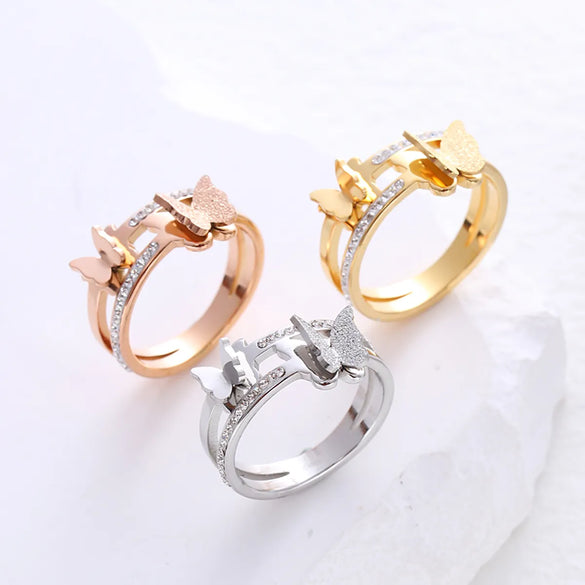 Simple Style Butterfly Stainless Steel Plating Inlay Zircon 24k Gold Plated Rings