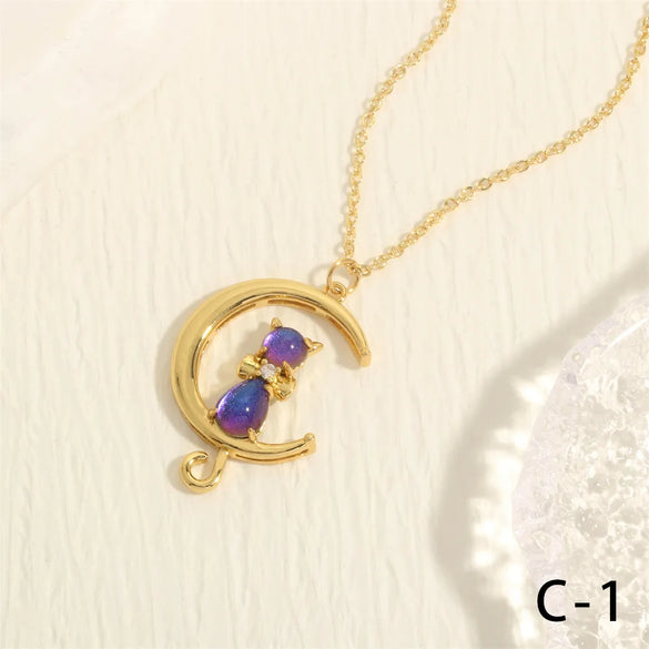 Simple Style Cat Copper Plating Inlay Zircon 18k Gold Plated Pendant Necklace