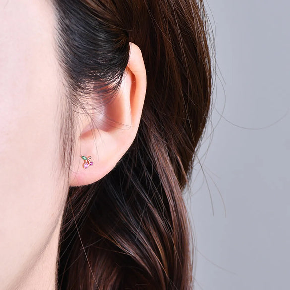 1 Pair Simple Style Cherry Silver Plating Inlay Zircon Ear Studs
