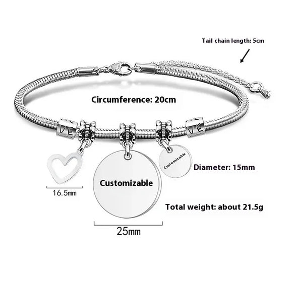 Simple Style Classic Style Customization Laser Engraving Heart Shape 201 Stainless Steel Snake Chain Bracelets In Bulk