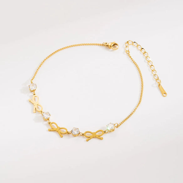 Simple Style Classic Style Heart Shape Bow Knot 304 Stainless Steel Inlay Crystal Rhinestones 18K Gold Plated Women'S Anklet