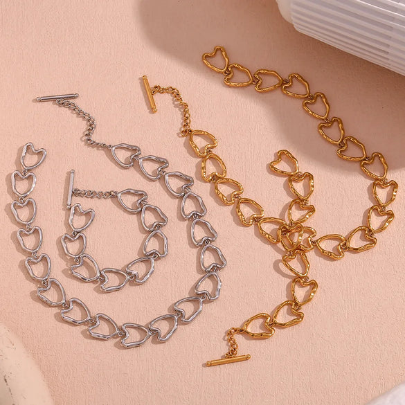 Wholesale Jewelry Simple Style Classic Style Heart Shape 304 Stainless Steel 18K Gold Plated Plating Bracelets Necklace