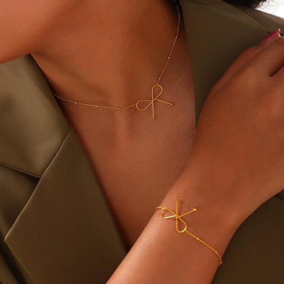 Simple Style Clavicle Chain And Bracelet Jewelry Set With Bow Necklace Titanium Steel 18K Real Gold Plated