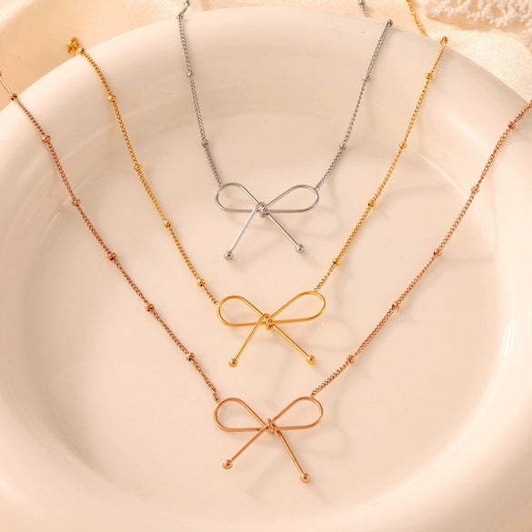 Simple Style Clavicle Chain And Bracelet Jewelry Set With Bow Necklace Titanium Steel 18K Real Gold Plated