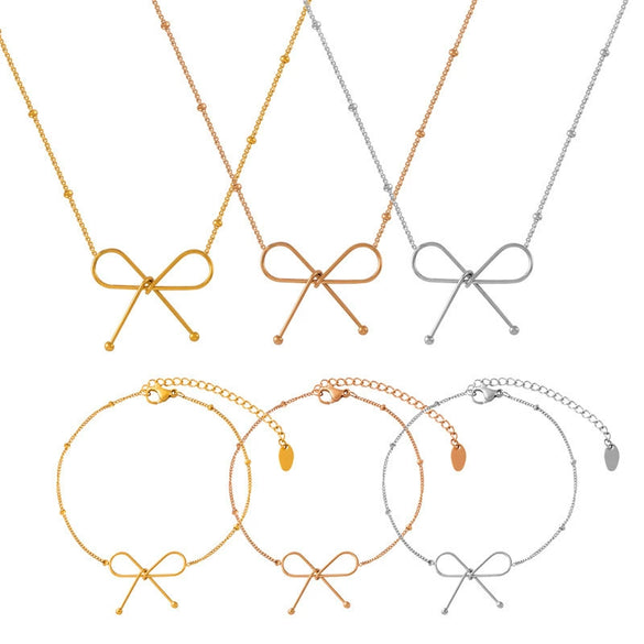 Simple Style Clavicle Chain And Bracelet Jewelry Set With Bow Necklace Titanium Steel 18K Real Gold Plated