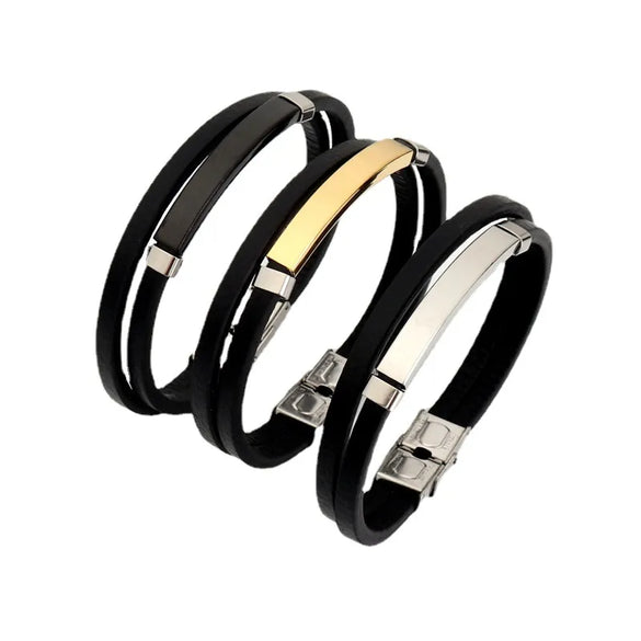 Simple Style Color Block 201 Stainless Steel Pu Leather Plating Men'S Wristband Men Cord & Leather Bracelets