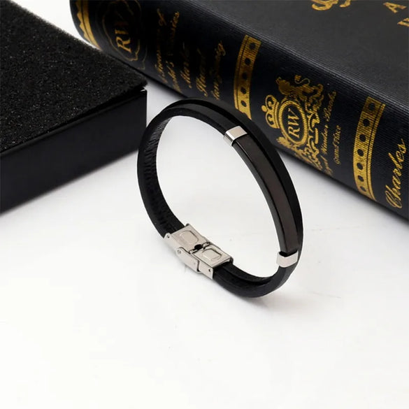 Simple Style Color Block 201 Stainless Steel Pu Leather Plating Men'S Wristband Men Cord & Leather Bracelets