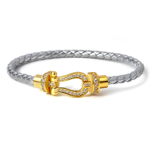 Simple Style Commute Horseshoe Zircon Leather Rope Copper Wholesale Bangle