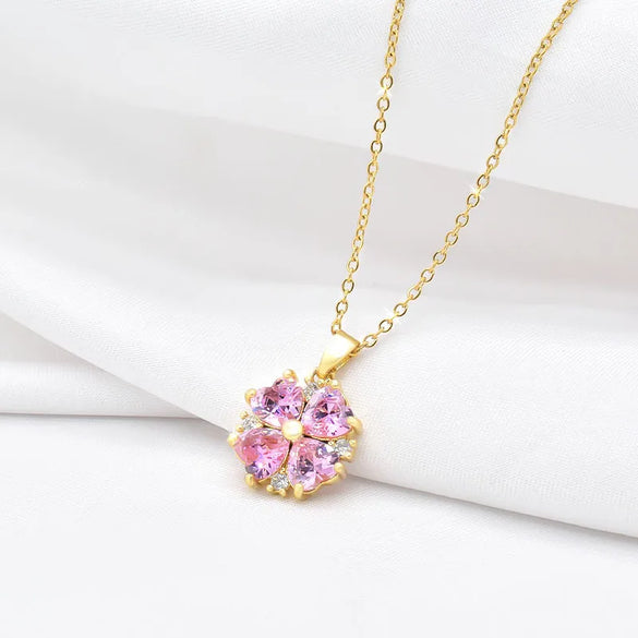 Simple Style Four Leaf Clover Titanium Steel Inlay Zircon Pendant Necklace 1 Piece