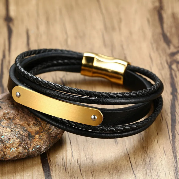 Simple Style Geometric 304 Stainless Steel Pu Leather Men'S Bracelets Men Cord & Leather Bracelets