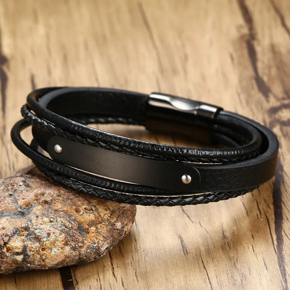 Simple Style Geometric 304 Stainless Steel Pu Leather Men'S Bracelets Men Cord & Leather Bracelets
