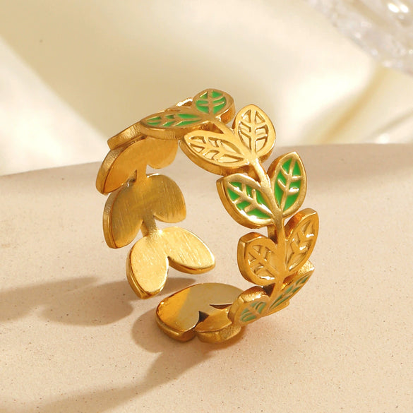 Simple Style Green Oil Dropping Leaf Flower Hiphop Allmatch Electroplated Stainless Steel Women's Ring