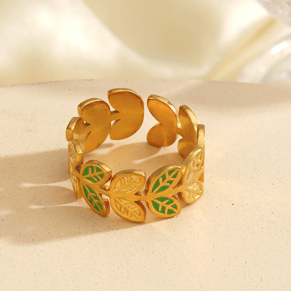 Simple Style Green Oil Dropping Leaf Flower Hiphop Allmatch Electroplated Stainless Steel Women's Ring