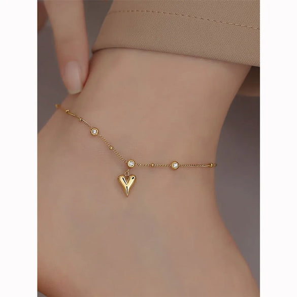 Simple Style Heart Shape 304 Stainless Steel Inlay Artificial Rhinestones 18K Gold Plated Women'S Anklet