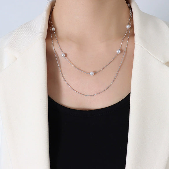 Simple Style 18K Gold Plated Titanium Steel Imitation Pearl Double Layer Necklace For Women