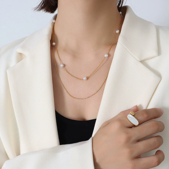 Simple Style 18K Gold Plated Titanium Steel Imitation Pearl Double Layer Necklace For Women