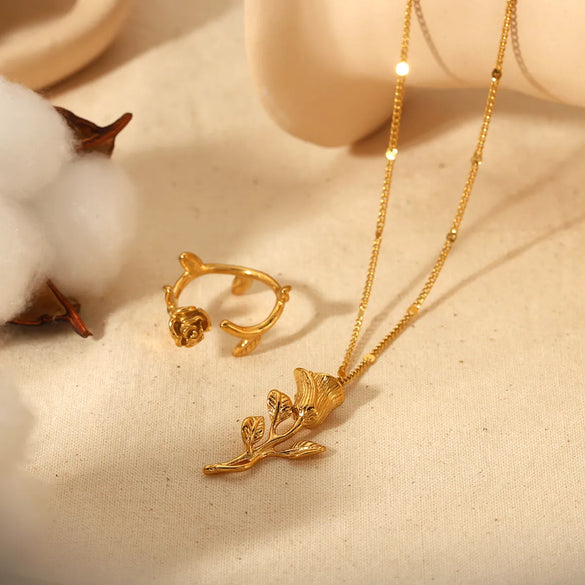 Wholesale Simple Style Rose Stainless Steel Polishing Plating 18k Gold Plated Rings Necklace