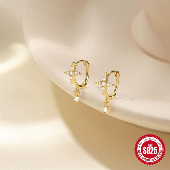 Simple Style S925 Sterling Silver Geometric Six Pointed Star Tassel Earrings Set With Zircon